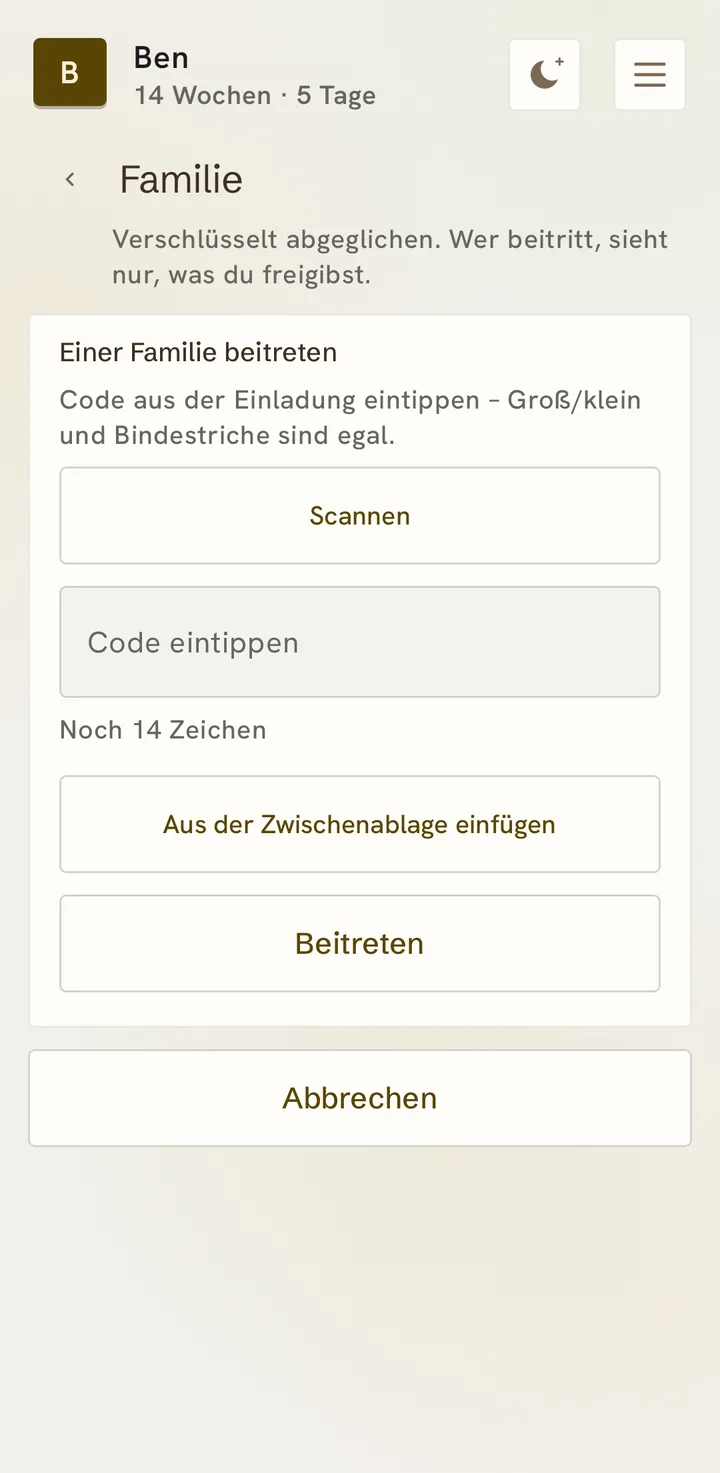 Einer Familie beitreten: Scannen, Code eintippen oder aus der Zwischenablage einfügen.