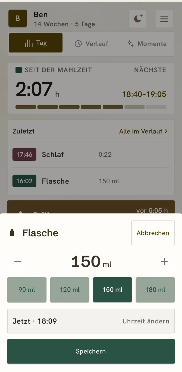Eintragen einer Flasche: 150 ml mit Minus und Plus, vier Vorgaben, „Jetzt · 18:09“ und „Speichern“.