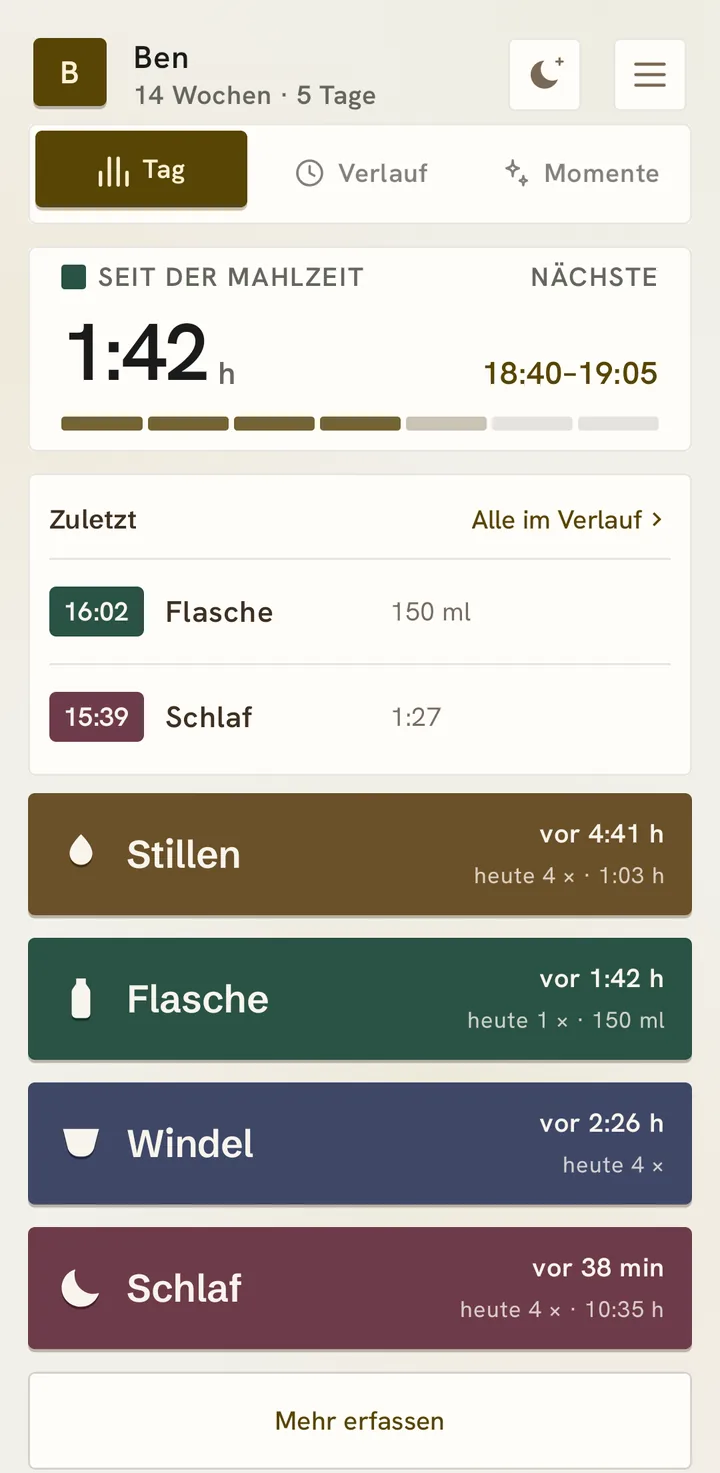 Die Startseite am Tag in der Vorlage Einfach: seit der letzten Mahlzeit, die nächste als Spanne, vier große Knöpfe.