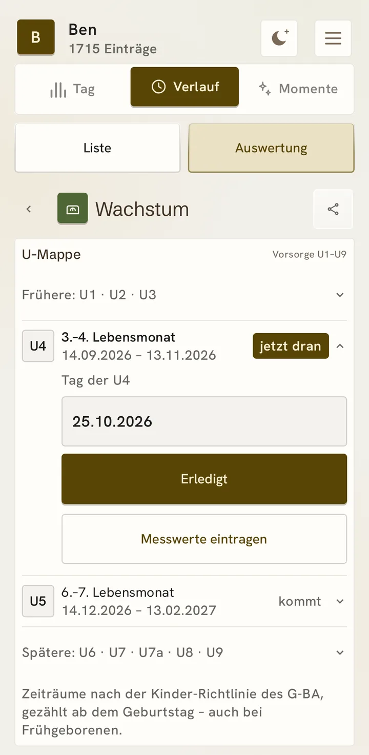 Die U-Mappe: Die U4 ist jetzt dran, mit Zeitraum, Tag der U, „Erledigt“ und „Messwerte eintragen“.