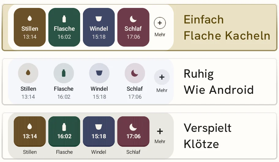 Die Wahl in den Einstellungen: Einfach mit flachen Kacheln, Ruhig wie Android, Verspielt mit Klötzen.
