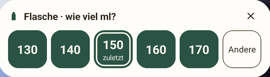 Nach einem Tipp auf Flasche fragt das Widget: „Flasche · wie viel ml?“ – 130 bis 170, die letzte Menge markiert.