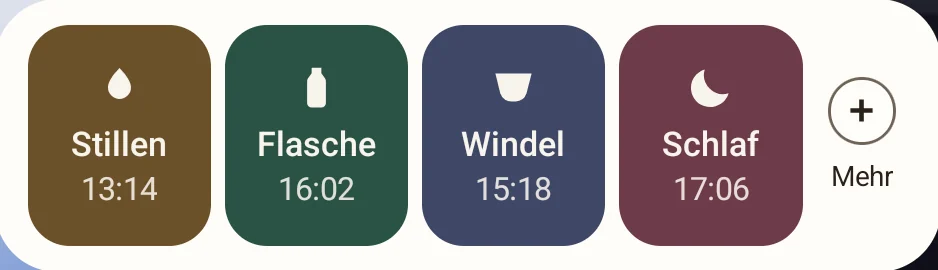 Das Widget in der Gestalt Einfach: Stillen, Flasche, Windel und Schlaf mit der Uhrzeit des letzten Eintrags.