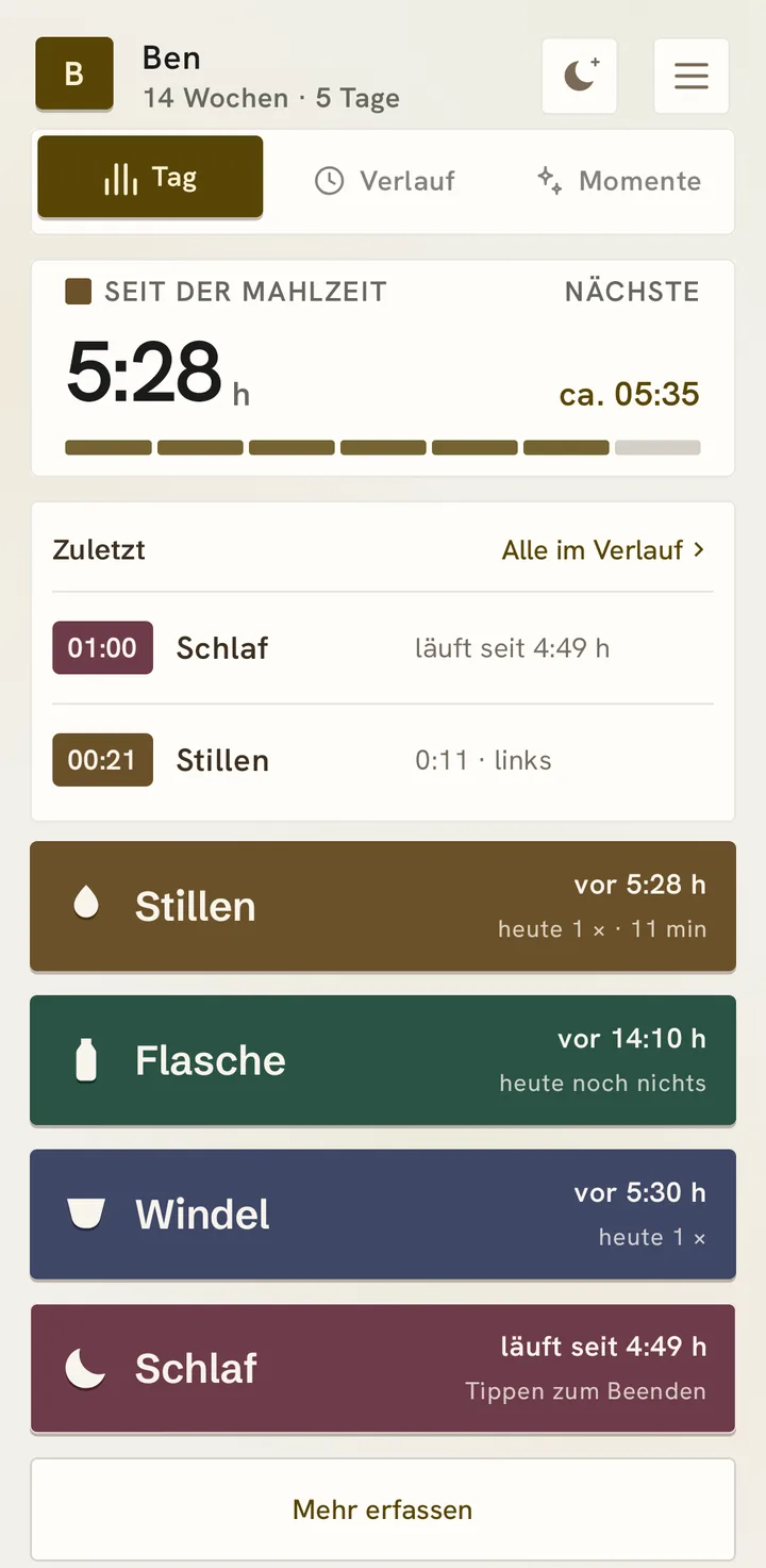 Die Startseite in der Vorlage Einfach: 5:28 h seit der Mahlzeit, die nächste gegen 05:35, die letzten Einträge und vier große Knöpfe.