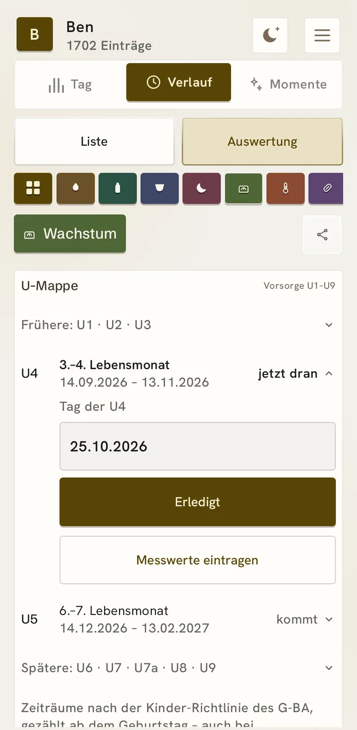 Die U-Mappe: Die U4 ist jetzt dran, mit Zeitraum, Tag der U und Messwerten; die U5 kommt.