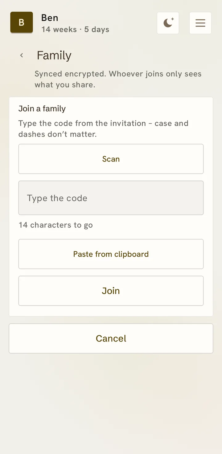 Join a family: scan, type the code or paste it from the clipboard.
