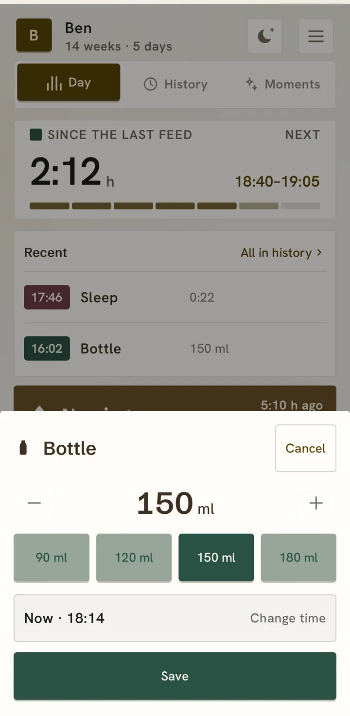 Logging a bottle: 150 ml with minus and plus, four presets, “Now · 18:14” and “Save”.