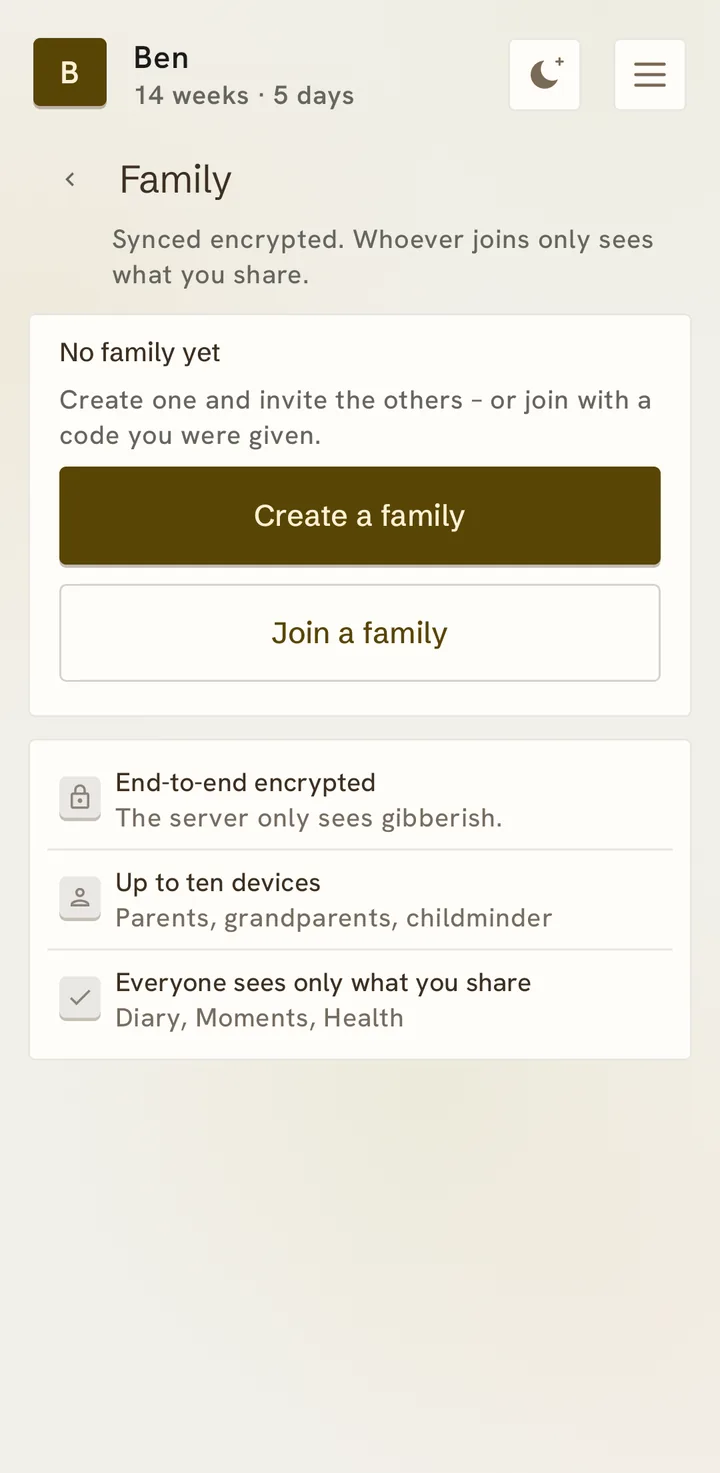 The Family page: “No family yet”, create a family or join one, plus end-to-end encrypted, up to ten devices, everyone sees only what you share.