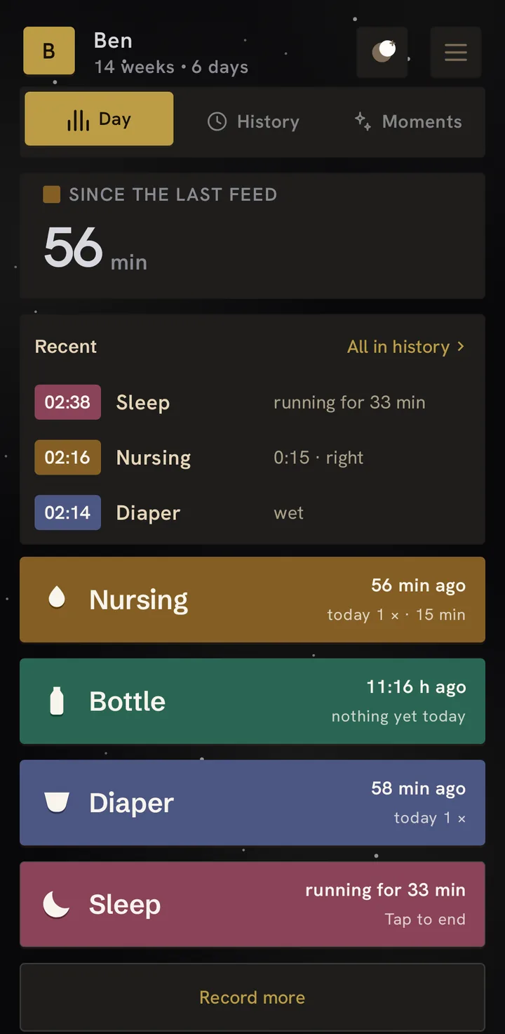 The home screen at 3:12 a.m.: dark background, 56 minutes since the last feed, and below it what happened last.