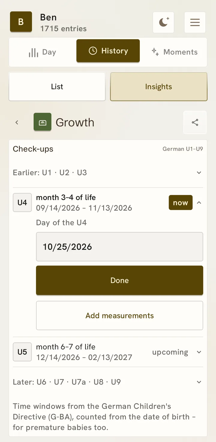 The check-up folder: U4 is due now, with time window, date, “Done” and “Add measurements”.