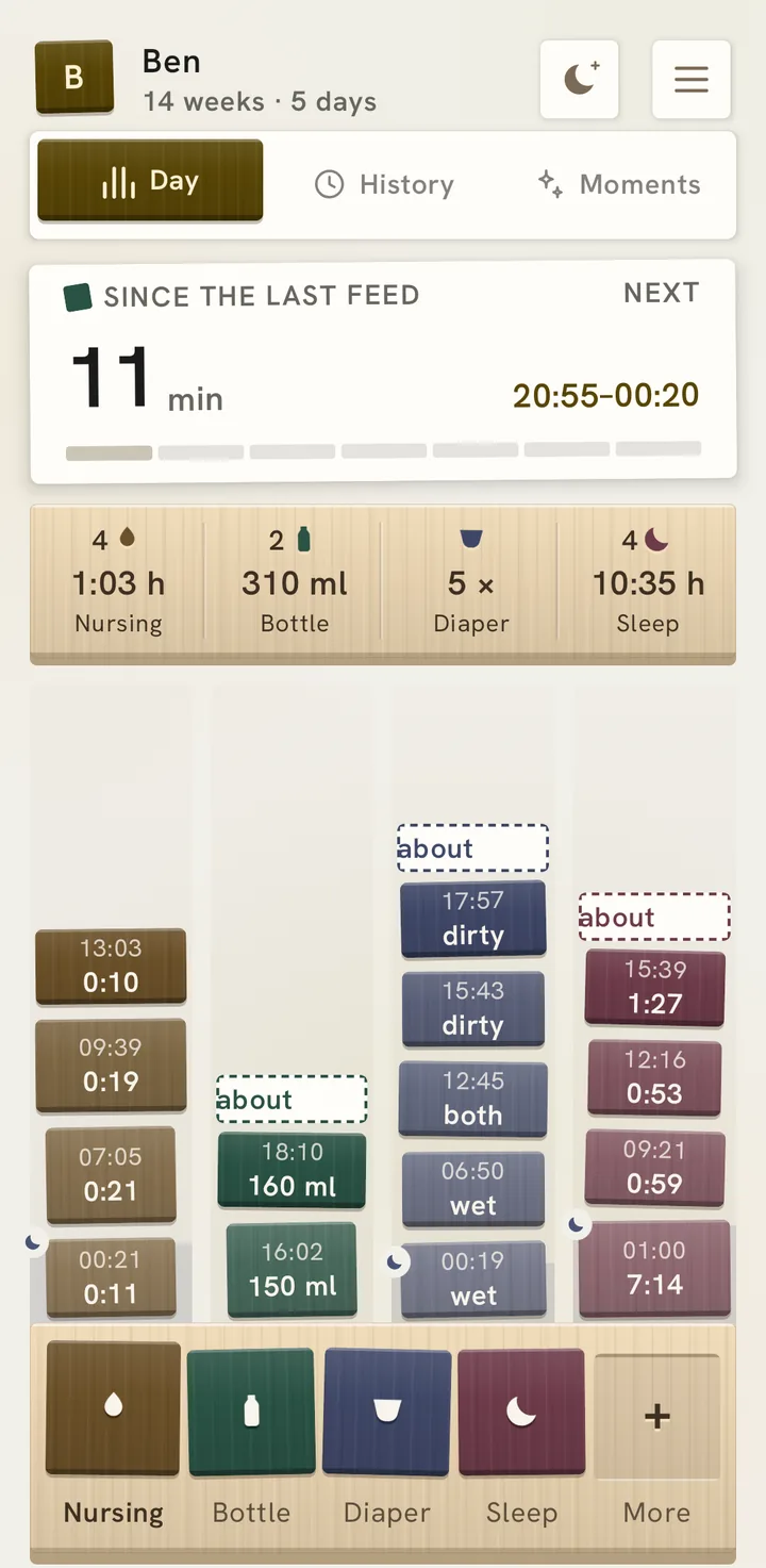 The home screen in the Playful preset: the day as towers of blocks, one column per type.