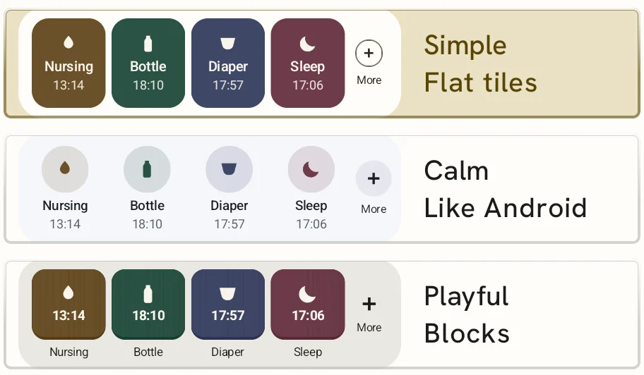 The choice in settings: Simple with flat tiles, Calm like Android, Playful with blocks.