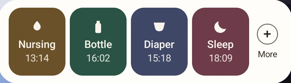 The widget in the Simple style: nursing, bottle, diaper and sleep with the time of the last entry.