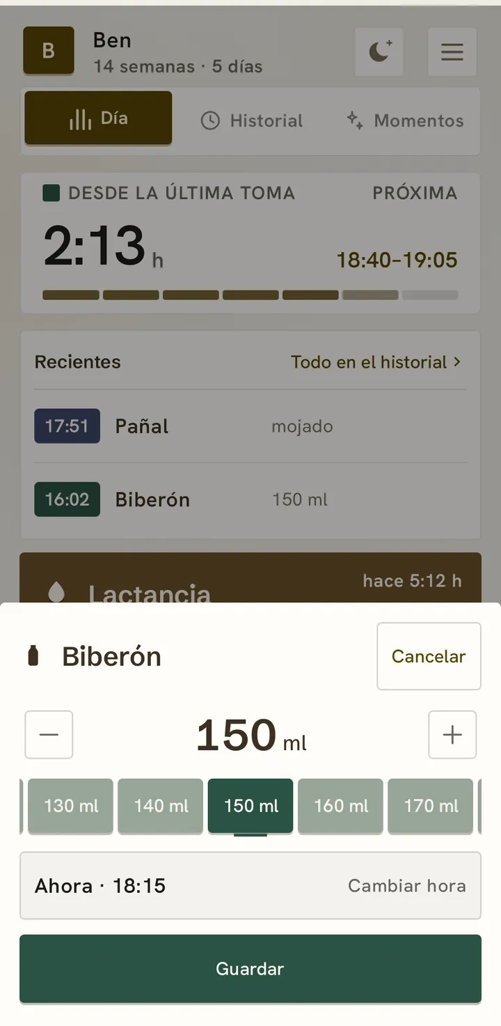 Registro de un biberón: 150 ml con menos y más, cinco cantidades de 130 a 170 ml, «Ahora · 18:15» con «Cambiar hora» y el botón «Guardar».