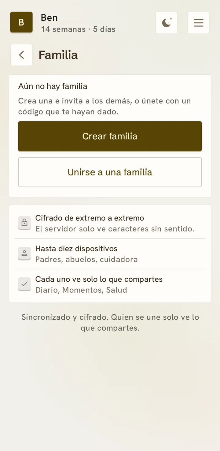 La página Familia: «Aún no hay familia», crear una familia o unirse a una y, debajo, cifrado de extremo a extremo, hasta diez dispositivos y cada uno ve solo lo que compartes.