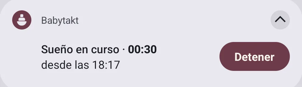 La notificación «Sueño en curso · 00:30, desde las 18:17» con el botón «Detener».