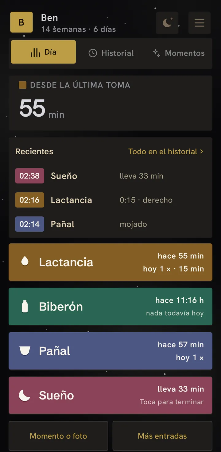 La pantalla de inicio a las tres de la madrugada: fondo oscuro, 55 minutos desde la última toma y, debajo, lo último que pasó.