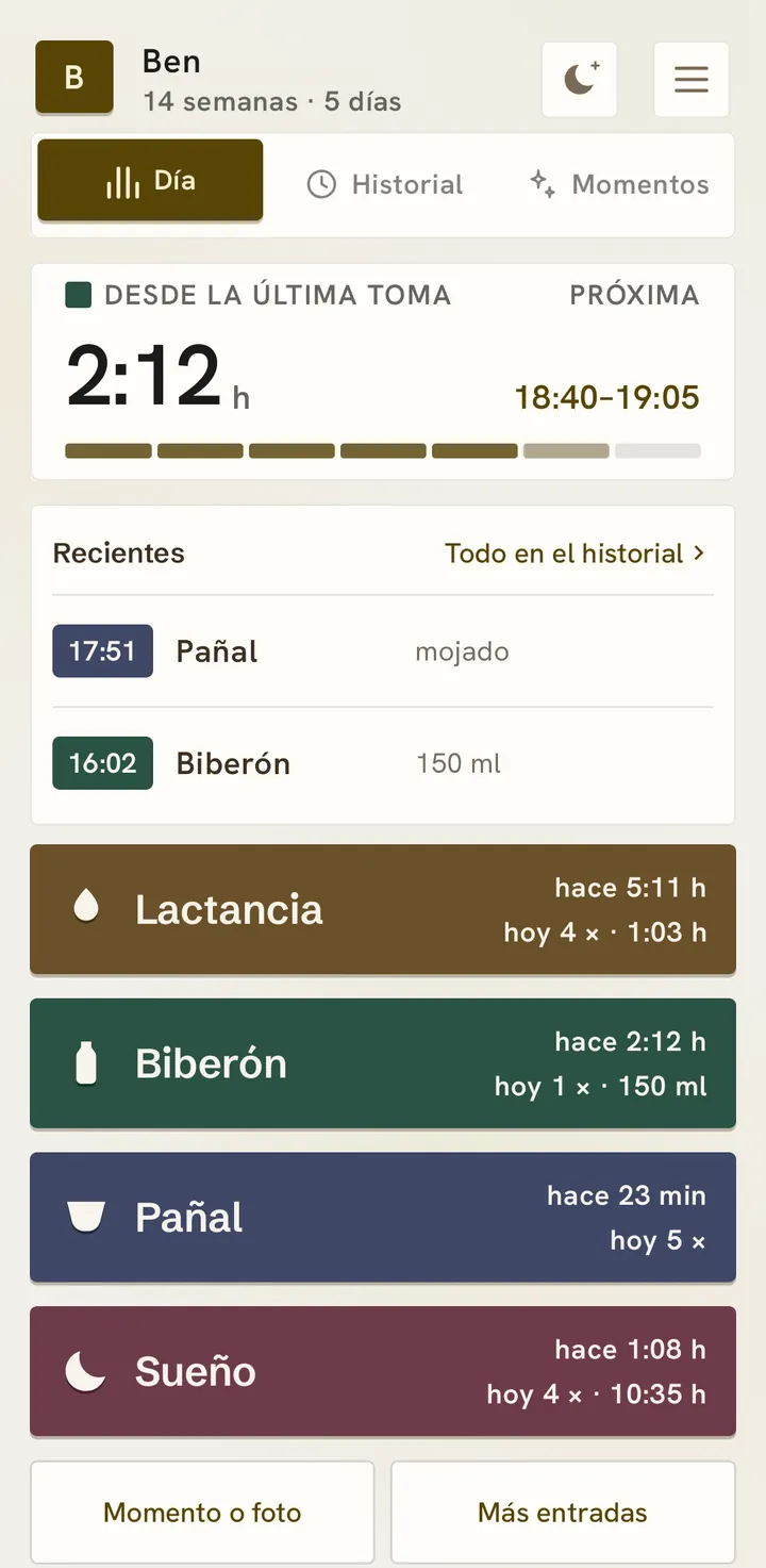 La pantalla de inicio de día con el preajuste Sencillo: el tiempo desde la última toma, la próxima como franja horaria y cuatro botones grandes.