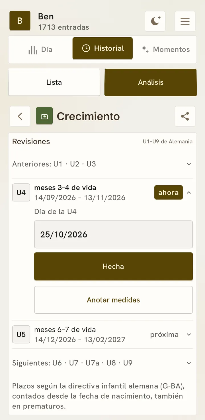 Las revisiones: antes la U1 a la U3; ahora toca la U4, en los meses 3 y 4 de vida, con su plazo, el día de la U4 (25/10/2026), «Hecha» y «Anotar medidas»; la U5 es la próxima y después vienen de la U6 a la U9.