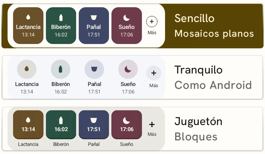La elección en los ajustes: Sencillo con mosaicos planos (elegido), Tranquilo como Android, Juguetón con bloques.