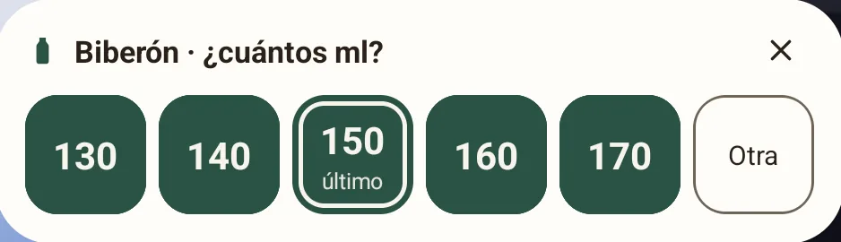 Tras tocar Biberón, el widget pregunta «Biberón · ¿cuántos ml?»: de 130 a 170, con la última cantidad marcada.