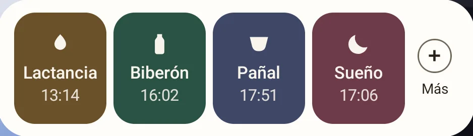 El widget con el estilo Sencillo: lactancia, biberón, pañal y sueño con la hora de la última entrada.
