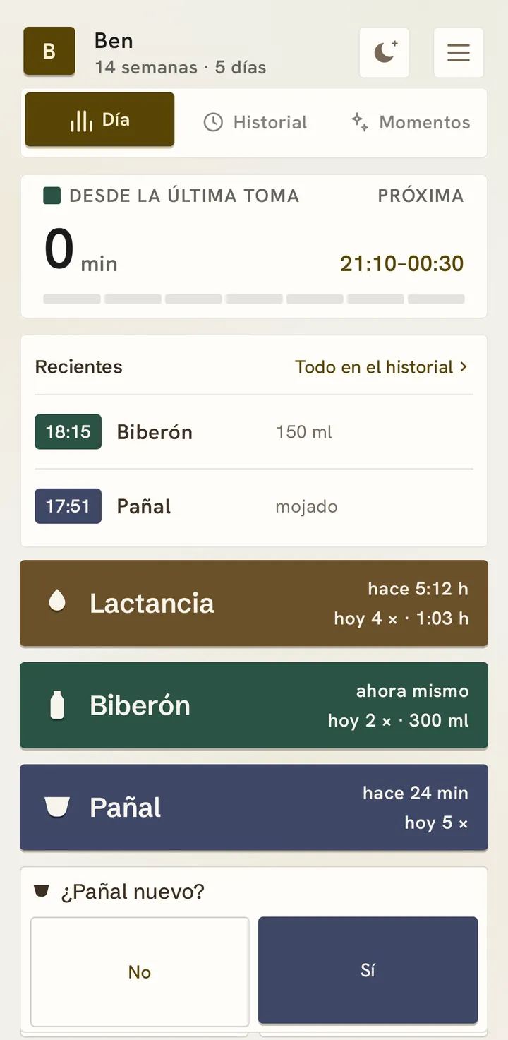 Después de un biberón, la pantalla de inicio Sencillo marca 0 min desde la última toma y, debajo, pregunta «¿Pañal nuevo?», con dos botones grandes: No y Sí.
