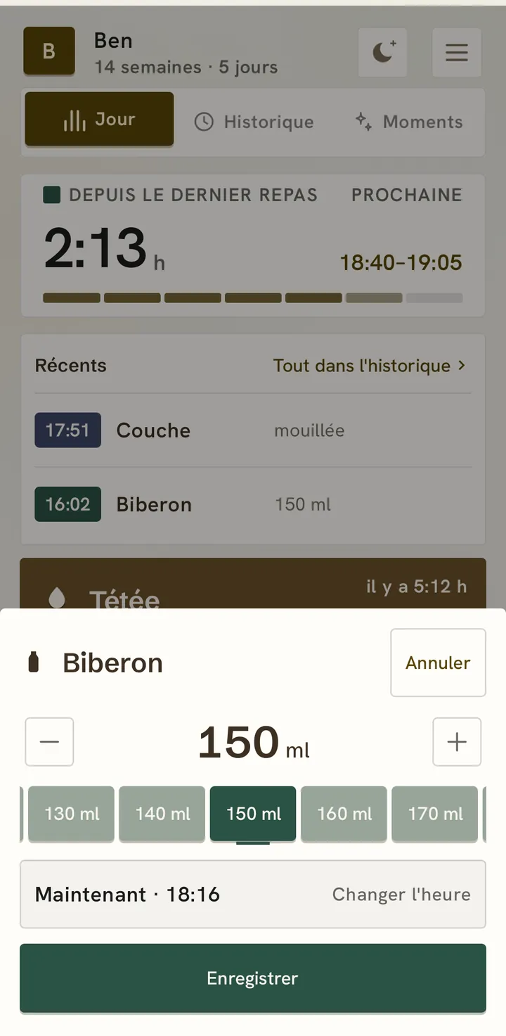 Saisie d’un biberon : 150 ml avec moins et plus, cinq quantités de 130 à 170 ml, « Maintenant · 18:16 » avec « Changer l’heure » et le bouton « Enregistrer ».