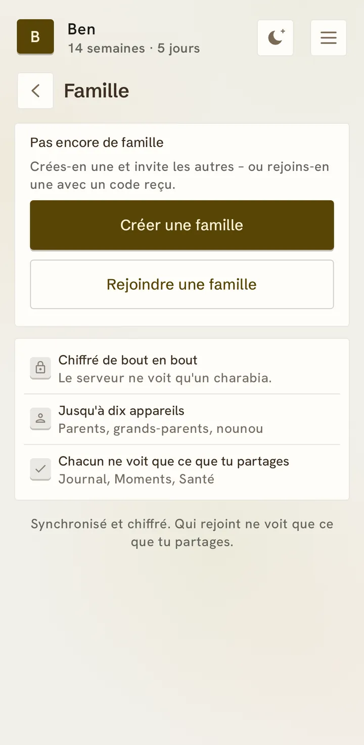 La page Famille : « Pas encore de famille », créer une famille ou en rejoindre une, avec chiffrement de bout en bout, jusqu’à dix appareils, chacun ne voit que ce que tu partages.
