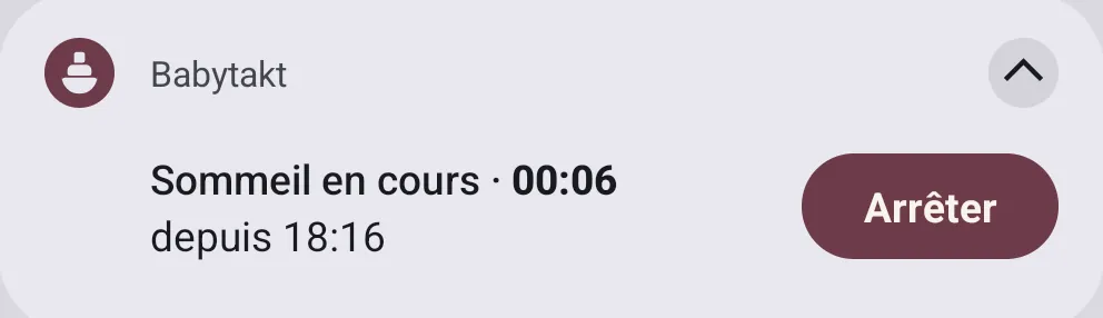 La notification du sommeil en cours depuis 18 h 16 (00:06), avec le bouton pour l’arrêter.