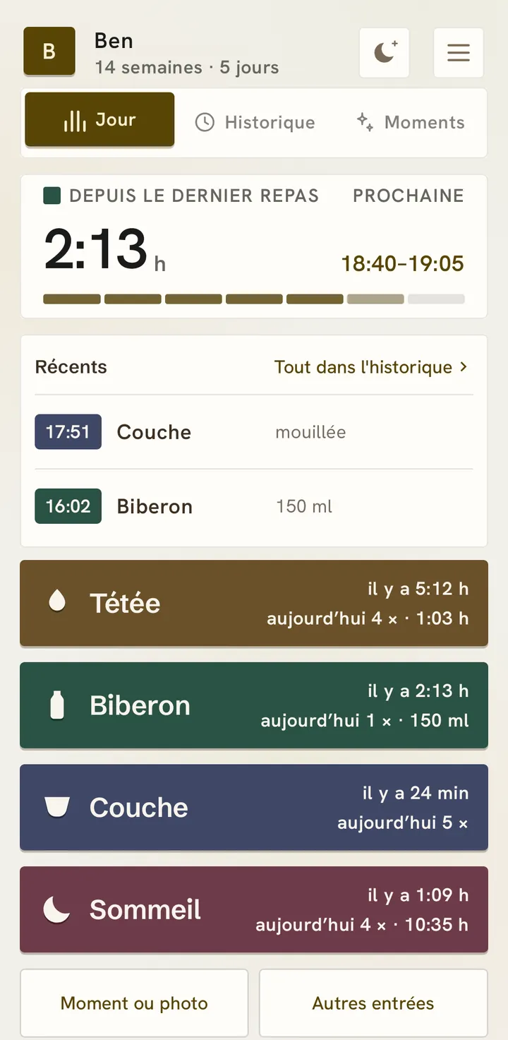 L’écran d’accueil le jour, avec le préréglage Simple : le temps écoulé depuis le dernier repas, le prochain sous forme de créneau, quatre grands boutons.
