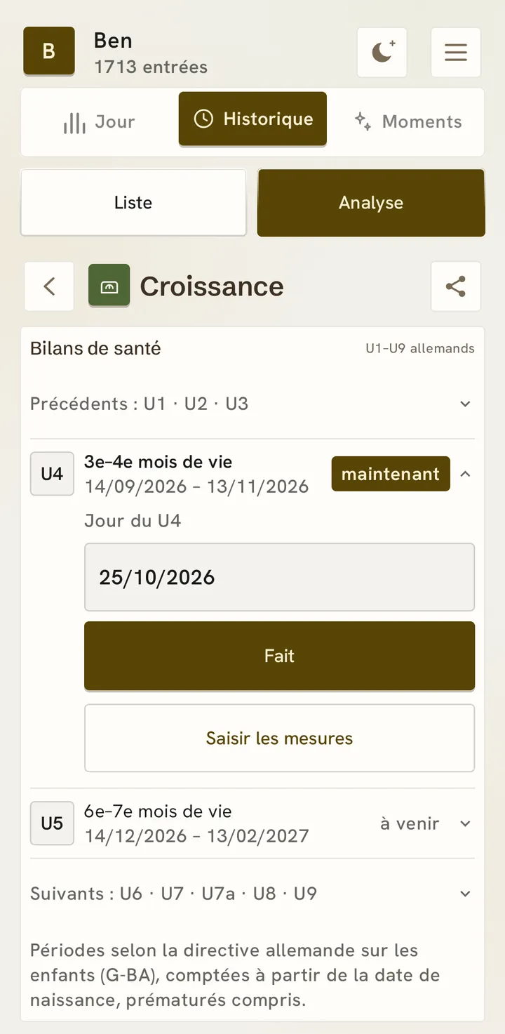 Les bilans de santé : les précédents, U1 à U3 ; c’est maintenant le moment de l’U4, au 3e–4e mois de vie, avec sa période, le jour de l’U4 (25/10/2026), « Fait » et « Saisir les mesures » ; l’U5 est à venir, puis viennent U6 à U9.
