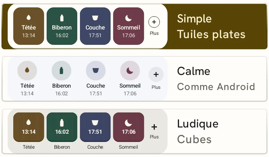 Le choix dans les réglages : Simple avec des tuiles plates (choisi), Calme comme Android, Ludique avec des cubes.
