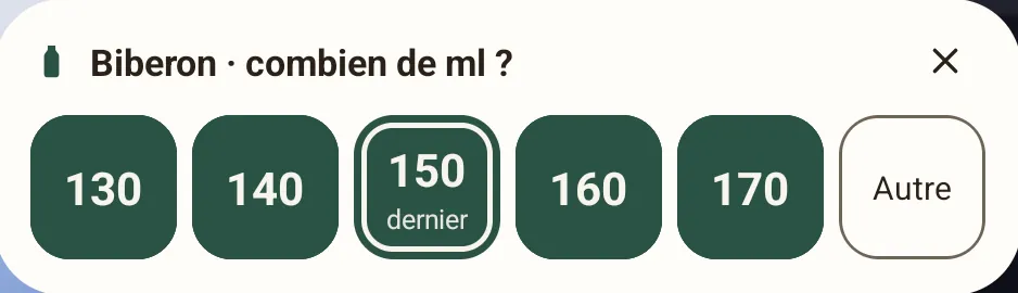 Après un appui sur Biberon, le widget demande combien de millilitres : de 130 à 170, la dernière quantité mise en évidence.