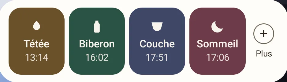 Le widget en style Simple : tétée, biberon, couche et sommeil avec l’heure de la dernière entrée.