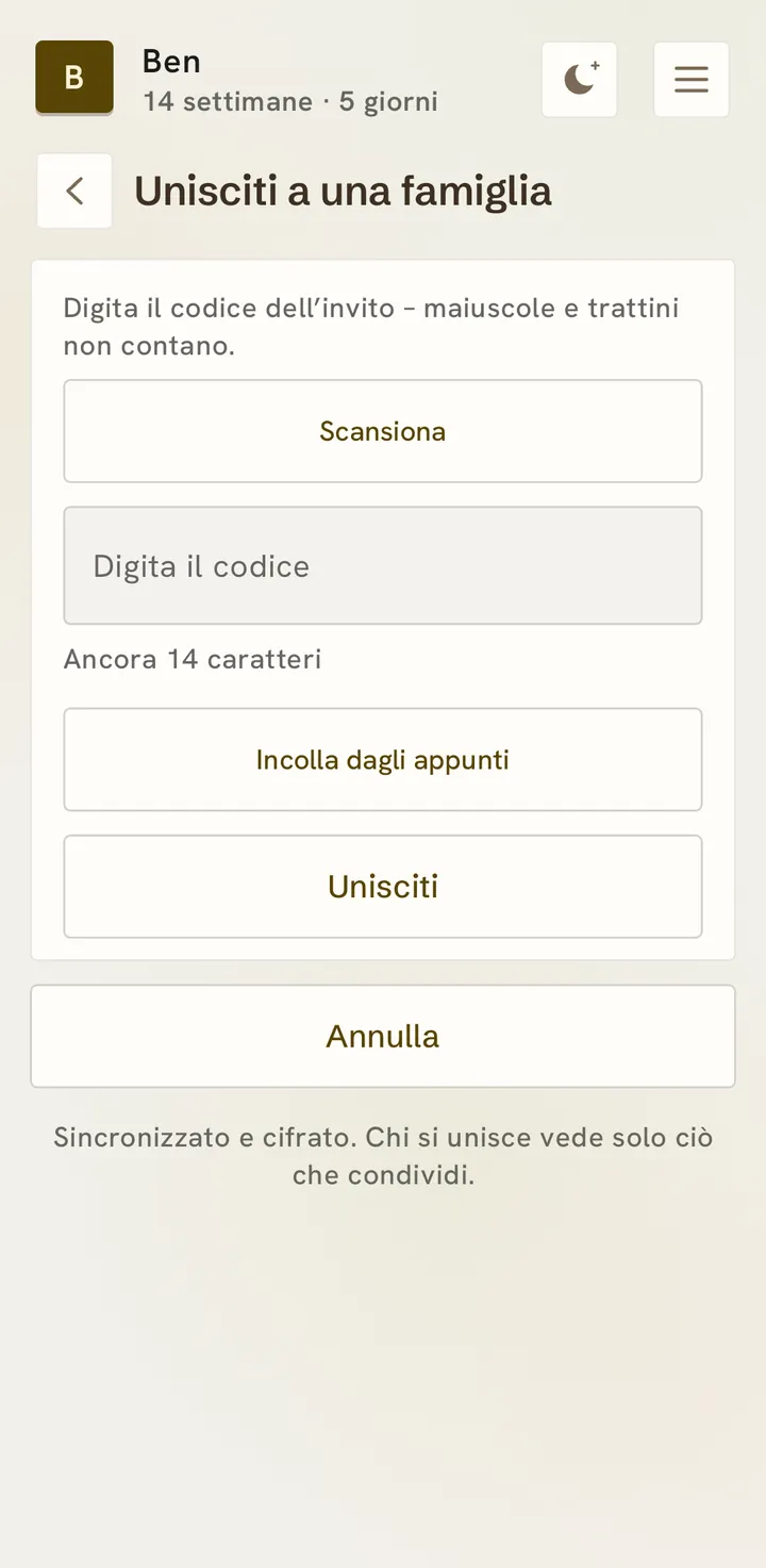 Unirsi a una famiglia: scansionare, digitare il codice («Ancora 14 caratteri») o incollarlo dagli appunti, e i pulsanti Unisciti e Annulla.