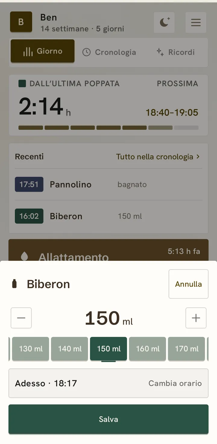 Registrazione di un biberon: 150 ml con meno e più, cinque quantità da 130 a 170 ml, «Adesso · 18:17» con «Cambia orario» e il pulsante «Salva».