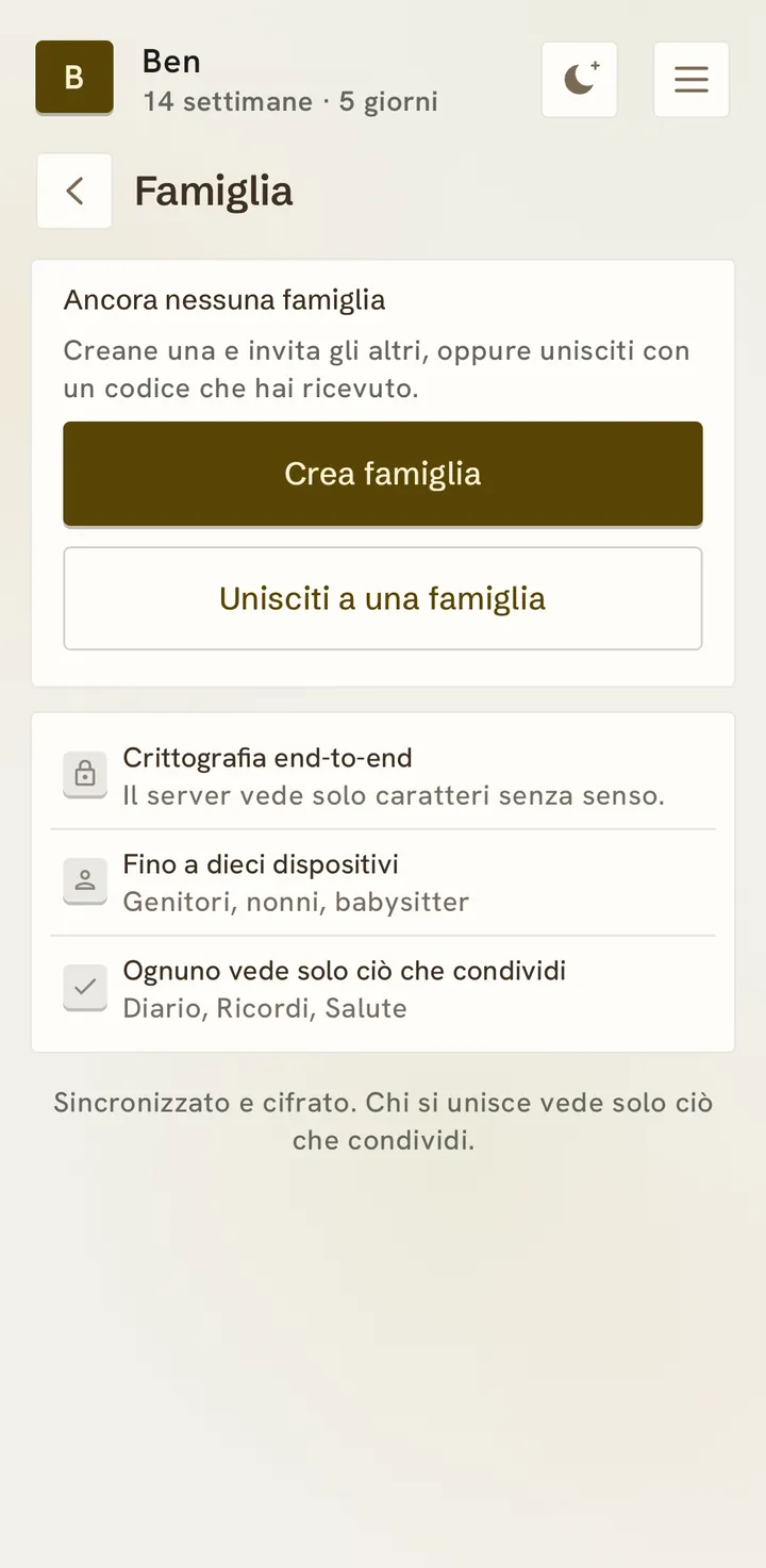 La pagina Famiglia: «Ancora nessuna famiglia», crea una famiglia o unisciti a una e, sotto, crittografia end-to-end, fino a dieci dispositivi e ognuno vede solo ciò che condividi.