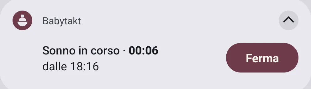 La notifica del sonno in corso, 00:06 dalle 18:16, con il pulsante per fermarlo.