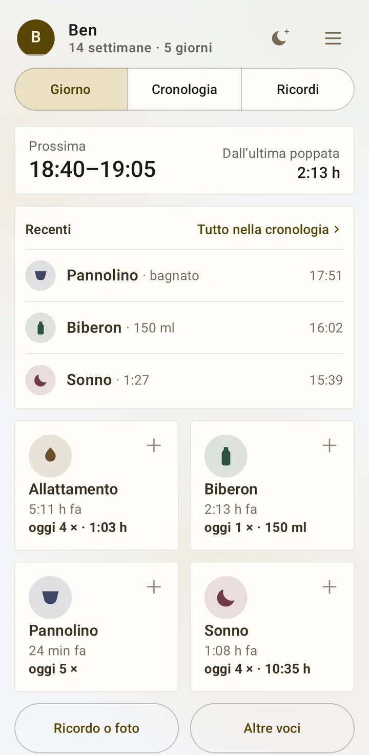 La schermata iniziale con la preimpostazione Tranquillo: la prossima tra le 18:40 e le 19:05, le ultime voci e quattro riquadri.