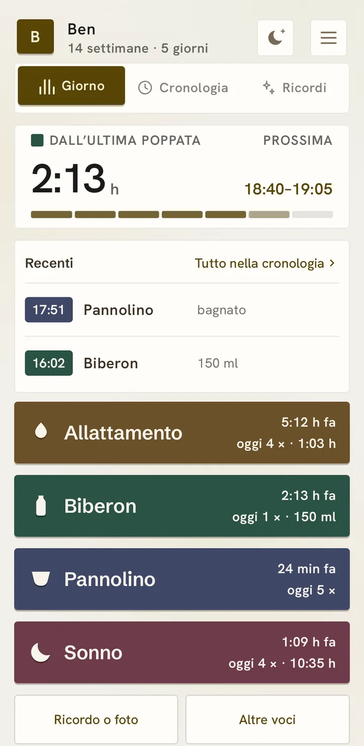 La schermata iniziale di giorno, con la preimpostazione Semplice: il tempo dall’ultima poppata, la prossima come fascia oraria, quattro grandi pulsanti.