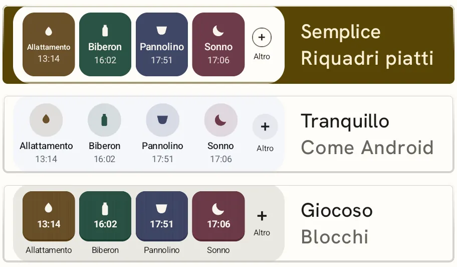 La scelta nelle impostazioni: Semplice con riquadri piatti (selezionato), Tranquillo come Android, Giocoso con blocchi.