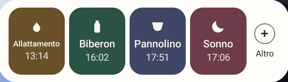 Il widget nello stile Semplice: allattamento, biberon, pannolino e sonno con l’ora dell’ultima voce.