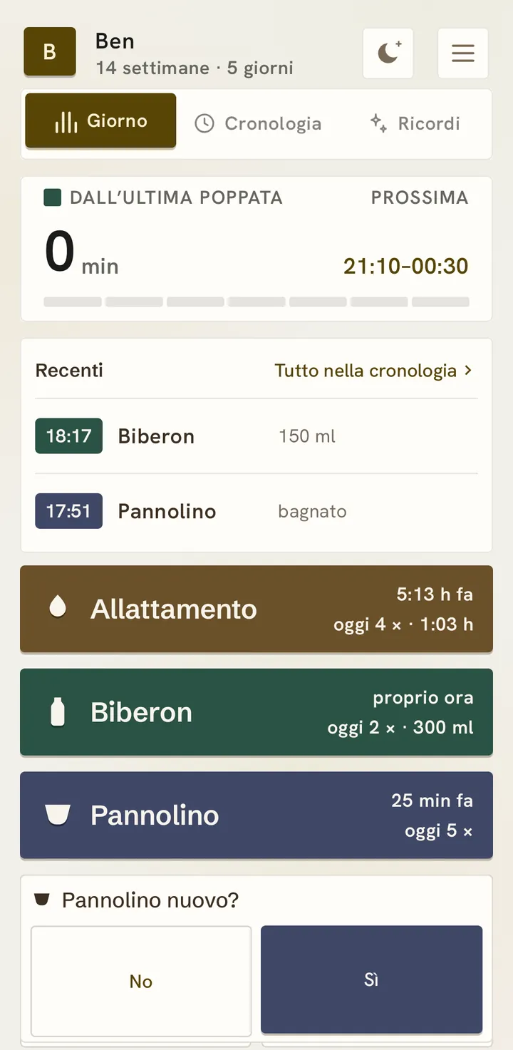 Dopo un biberon la schermata iniziale Semplice segna 0 min dall’ultima poppata e, sotto, chiede «Pannolino nuovo?», con due grandi pulsanti: No e Sì.