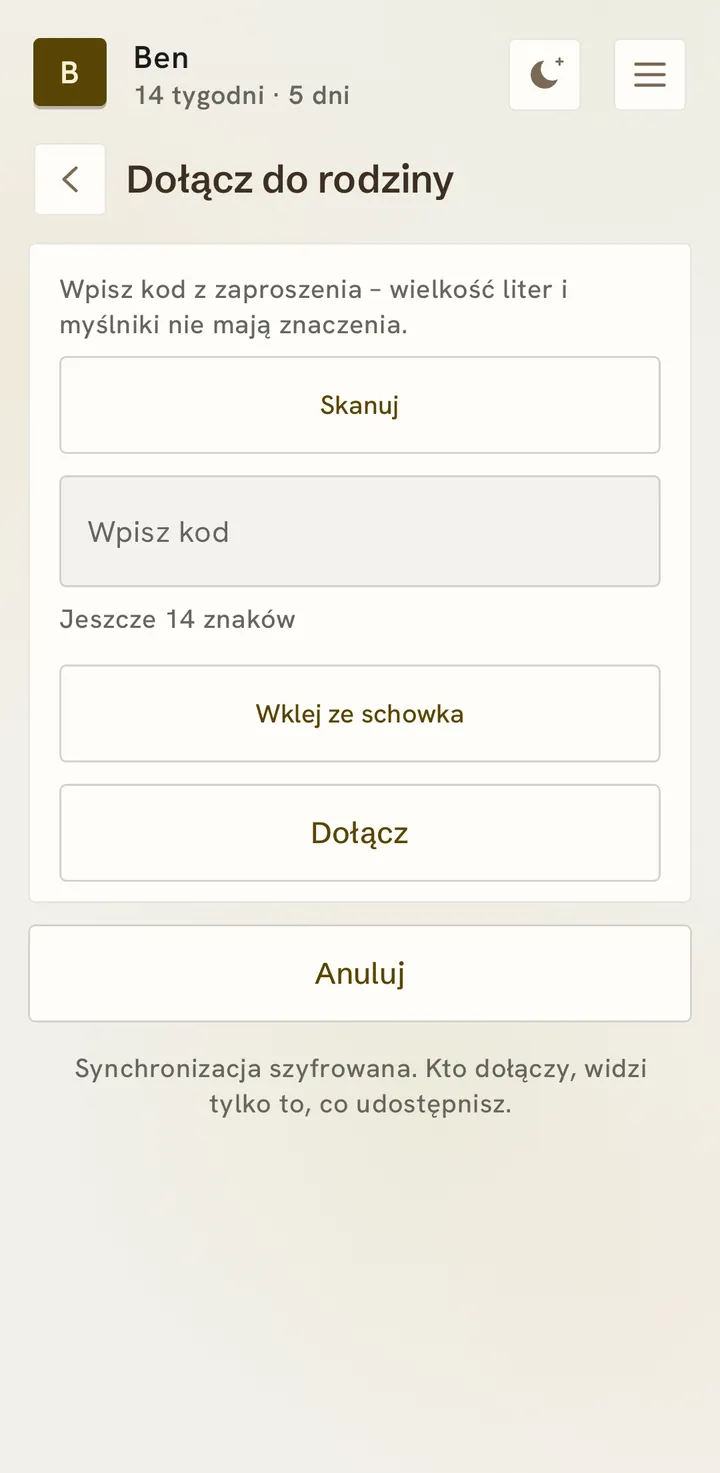 Dołączanie do rodziny: skanowanie, wpisanie kodu („Jeszcze 14 znaków”) albo wklejenie go ze schowka oraz przyciski Dołącz i Anuluj.