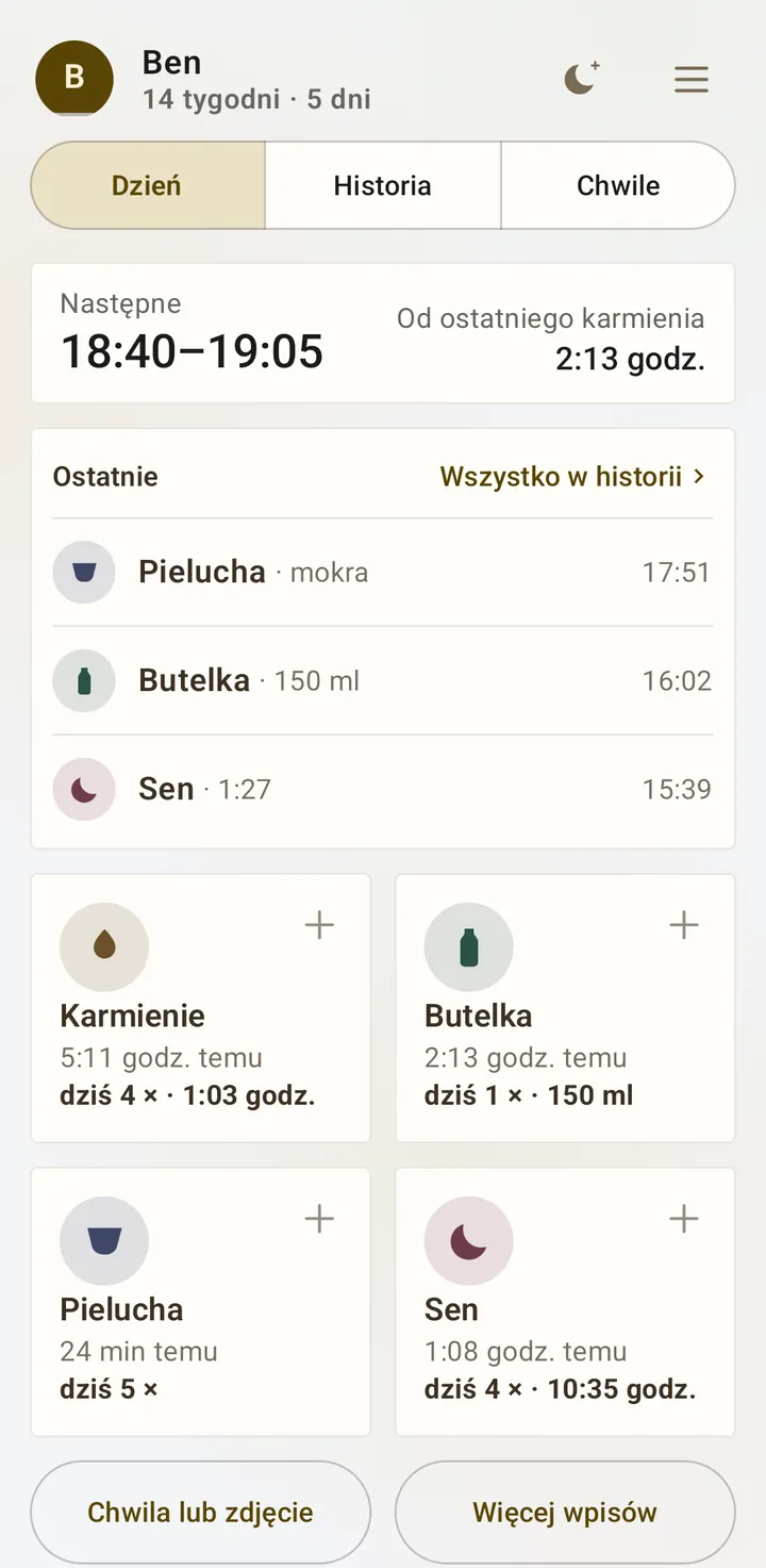 Ekran główny w ustawieniu Spokojnie: następne karmienie 18:40–19:05, ostatnie wpisy i cztery kafelki.