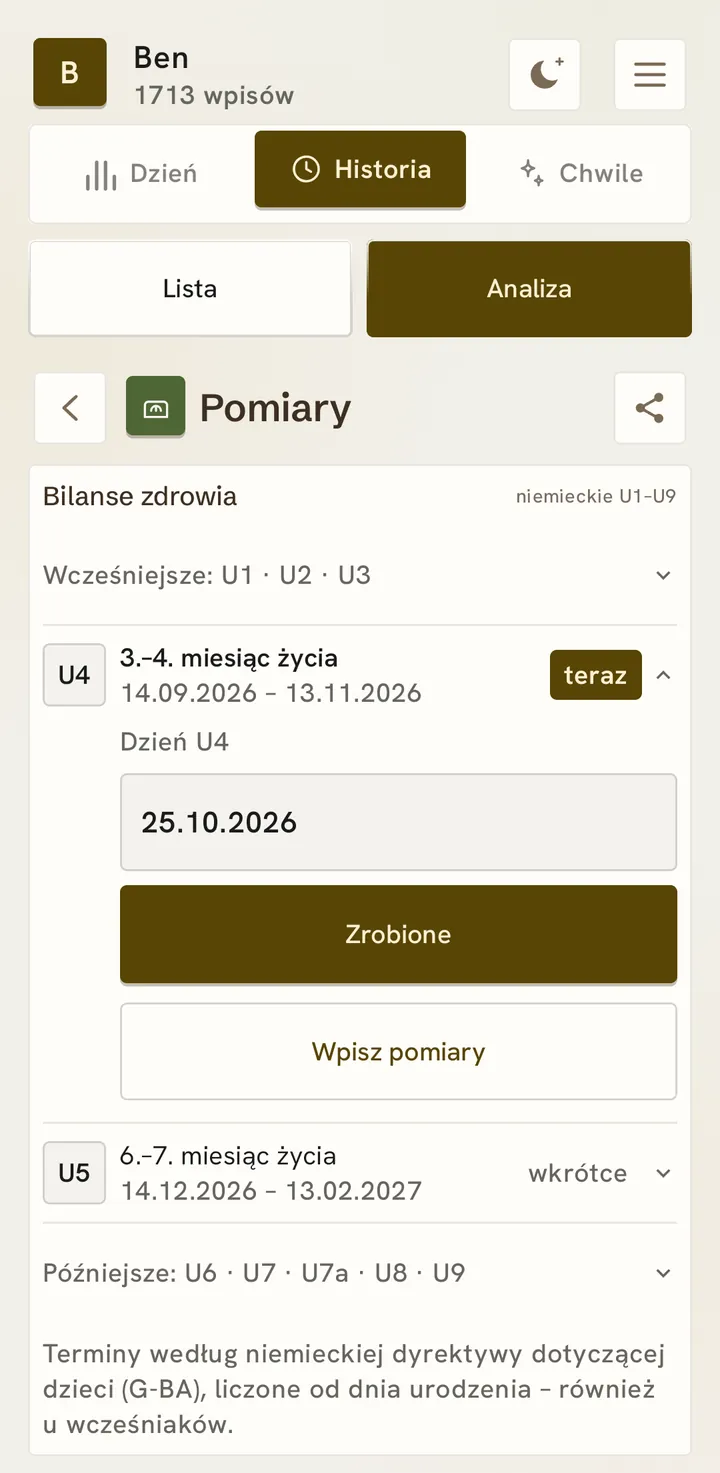 Bilanse zdrowia: wcześniejsze U1–U3; teraz pora na U4 (3.–4. miesiąc życia), z terminem, dniem U4 (25.10.2026), „Zrobione” i „Wpisz pomiary”; U5 już wkrótce, a później U6–U9.