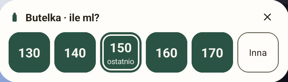 Po dotknięciu butelki widżet pyta, ile mililitrów: od 130 do 170, z zaznaczoną ostatnią ilością.