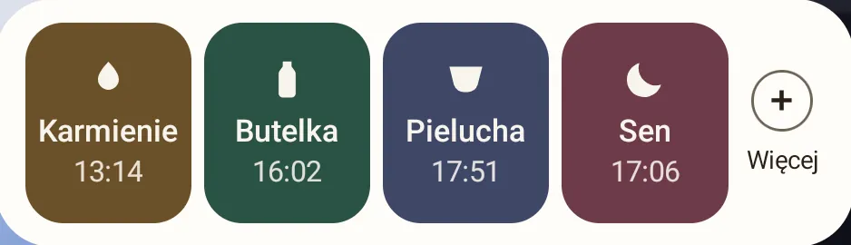 Widżet w wersji Prosto: karmienie, butelka, pielucha i sen z godziną ostatniego wpisu.
