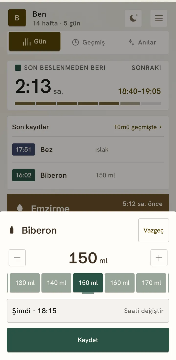 Biberon kaydı: eksi ve artıyla 150 ml, 130 ile 170 ml arasında beş hazır miktar, “Şimdi · 18:15” ile “Saati değiştir” ve “Kaydet” düğmesi.